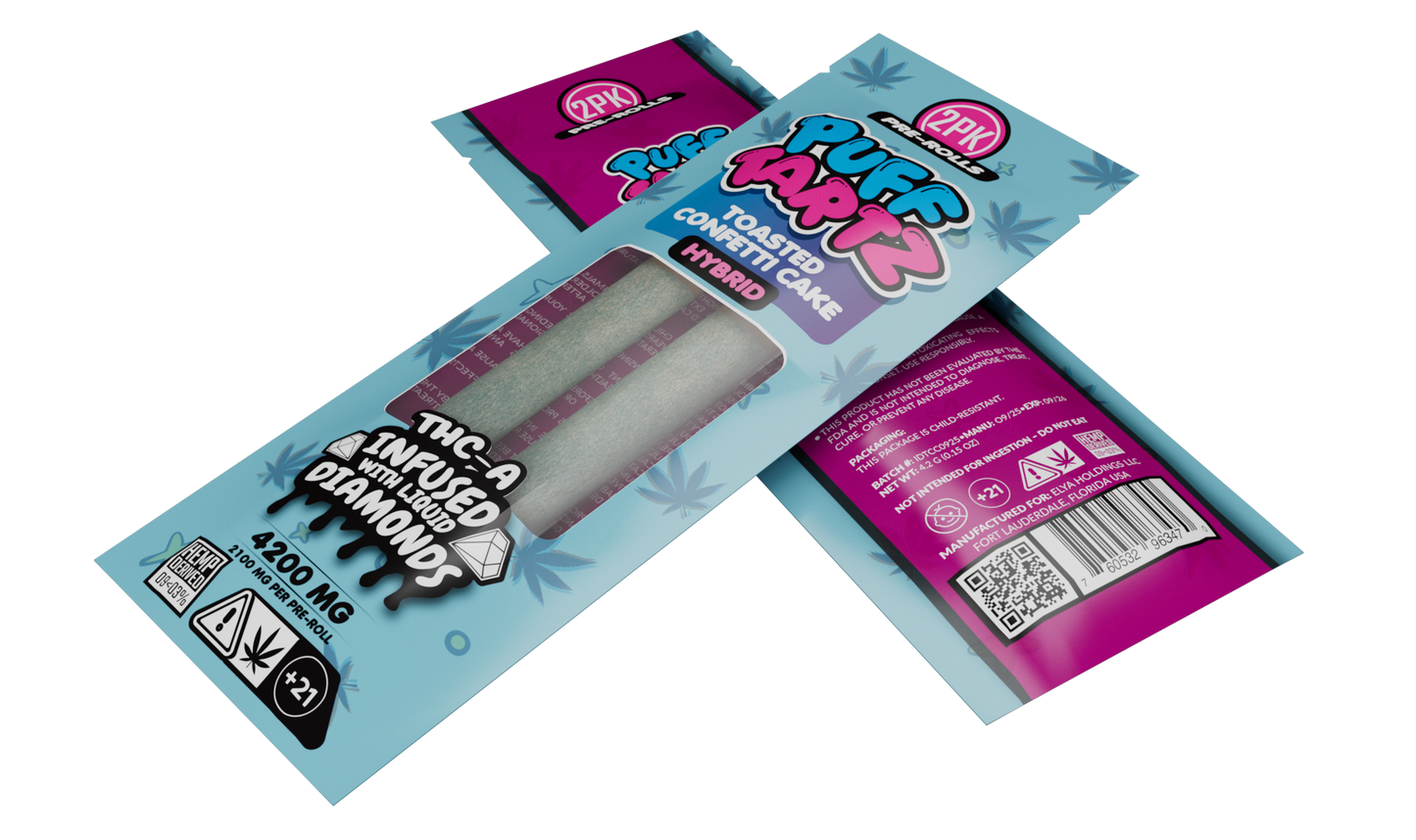Puff Tartz Toasted Confetti Cake 4200mg THCA pre-rolls hybrid 2-pack — pink packaging with window showing two diamond-infused THCA joints