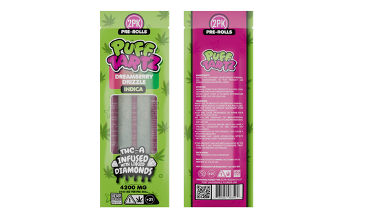 Puff Tartz 4200mg THCA joints — Dreamberry Drizzle indica strain infused with liquid diamonds for deep relaxation