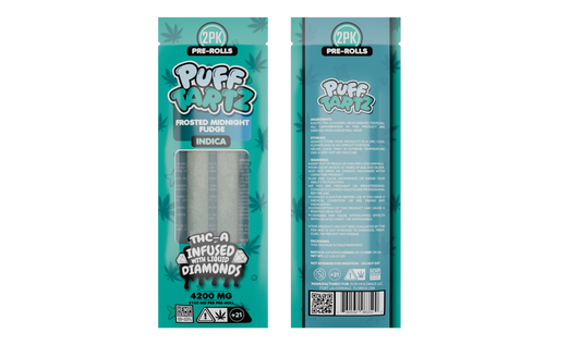 Puff Tartz 4200mg THCA joints — Frosted Midnight Fudge indica flavor with chocolate undertones and soothing body calm
