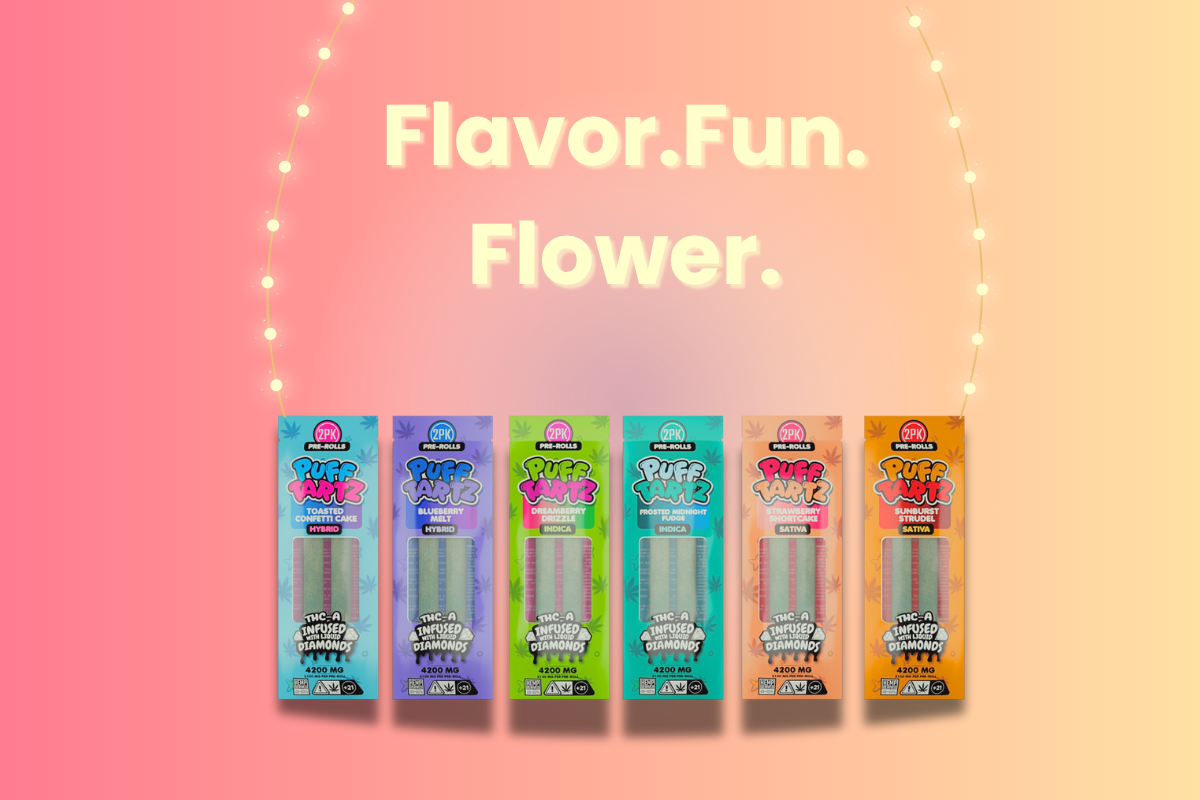 Puff Tartz 4200mg THCA joints lineup featuring six flavors — Toasted Confetti Cake, Blueberry Melt, Dreamberry Drizzle, Frosted Midnight Fudge, Strawberry Shortcake, and Sunburst Strudel — tagline Flavor. Fun. Flower.