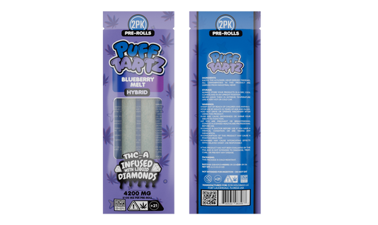Puff Tartz 4200mg THCA pre-rolls — Blueberry Melt hybrid flavor with sweet berry aroma and balanced high