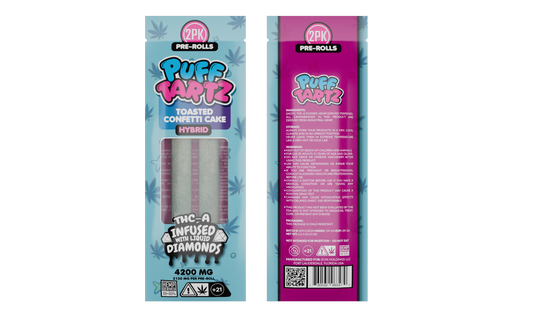 Puff Tartz 4200mg THCA pre-rolls — Toasted Confetti Cake hybrid flavor offering creamy sweetness and balanced euphoria