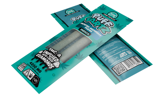 Puff Tartz Frosted Midnight Fudge 4200mg THCA pre-rolls indica 2-pack — teal packaging with two visible joints, labeled THC-A infused with liquid diamonds