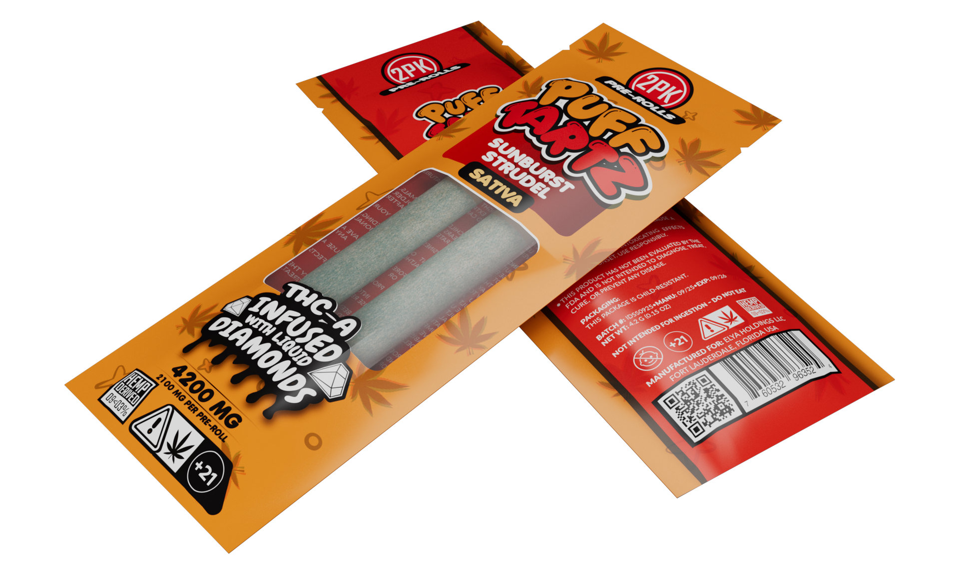 Puff Tartz Sunburst Strudel 4200mg THCA pre-roll 2-pack sativa — orange packaging angled display showing two premium pre-rolls inside