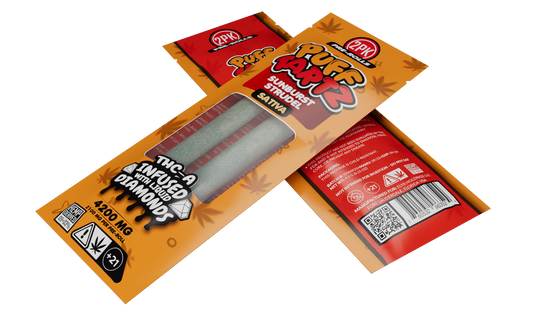 Puff Tartz Sunburst Strudel 4200mg THCA pre-roll 2-pack sativa — orange packaging angled display showing two premium pre-rolls inside