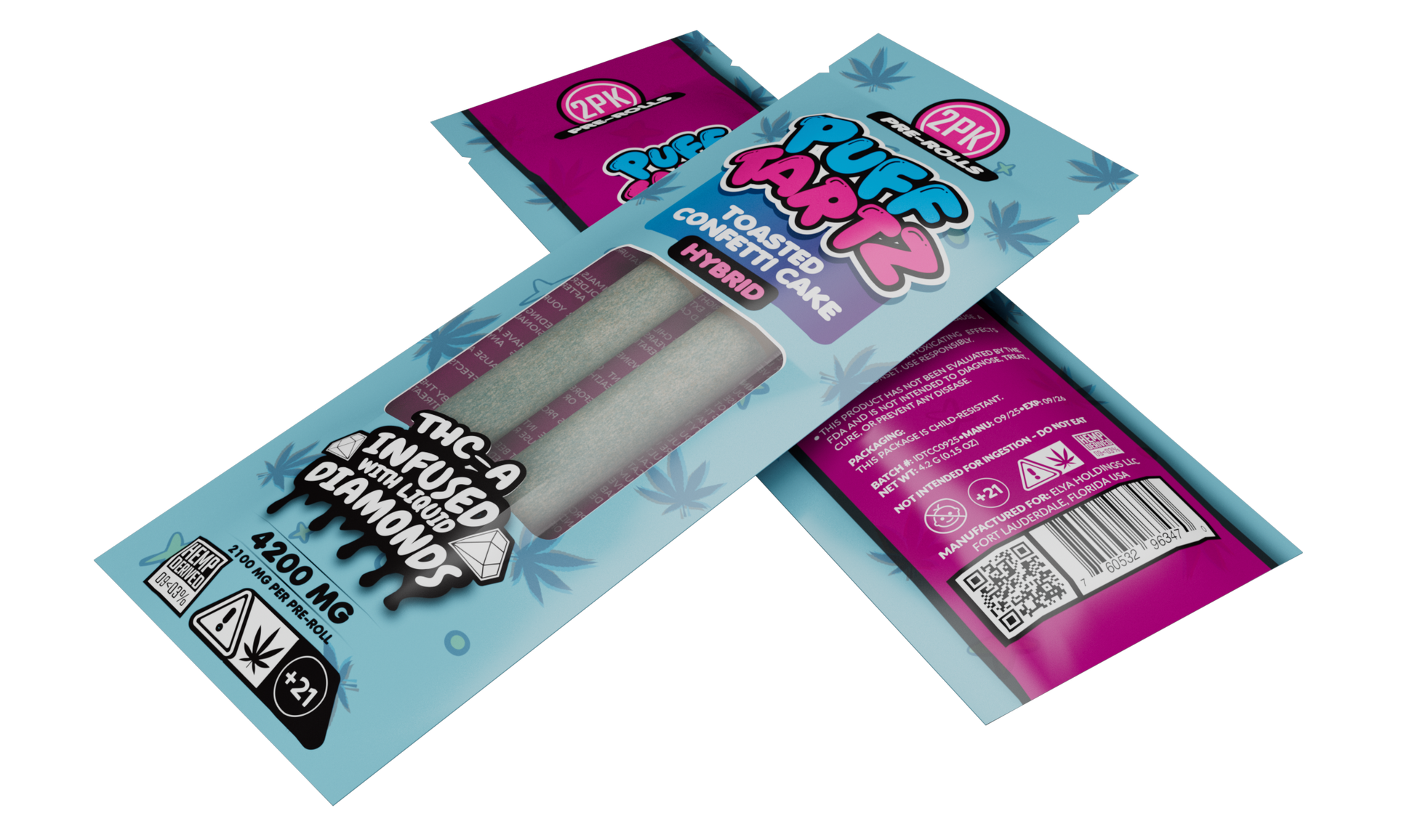 Puff Tartz Toasted Confetti Cake 4200mg THCA pre-rolls hybrid 2-pack — pink packaging with window showing two diamond-infused THCA joints